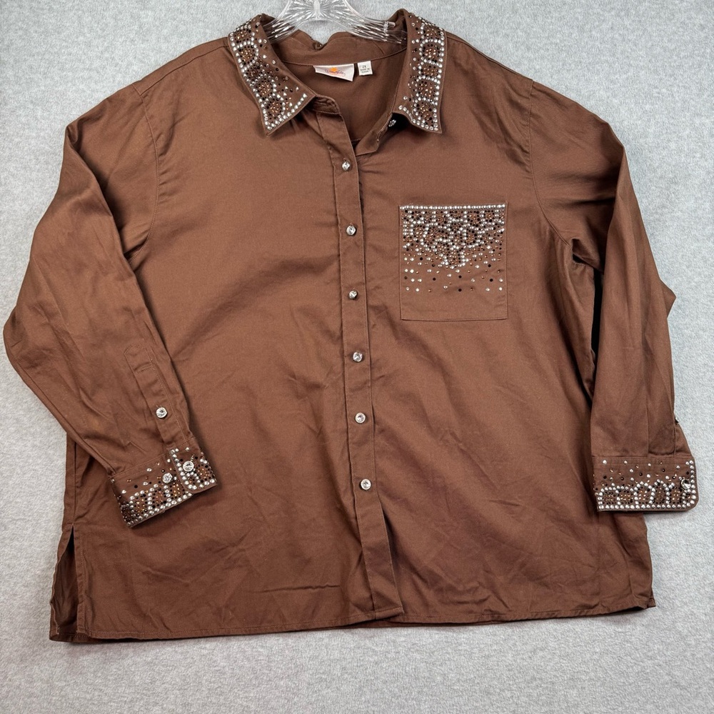 Quacker Factory Embellished Bling Shirt Jacket‎ Shacket Brown Button Up Size 2X